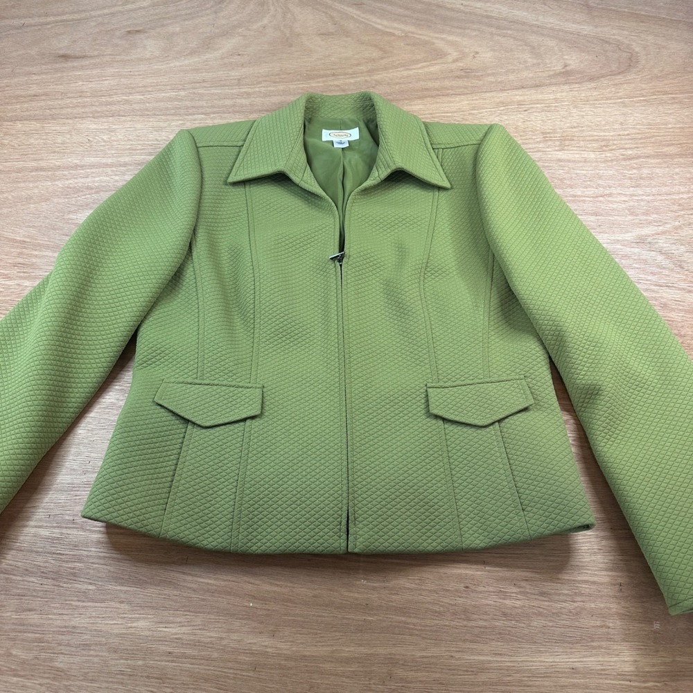 Talbots Womens 12 Green Textured Blazer Jacket Zip Cuffs Lined Career Classic